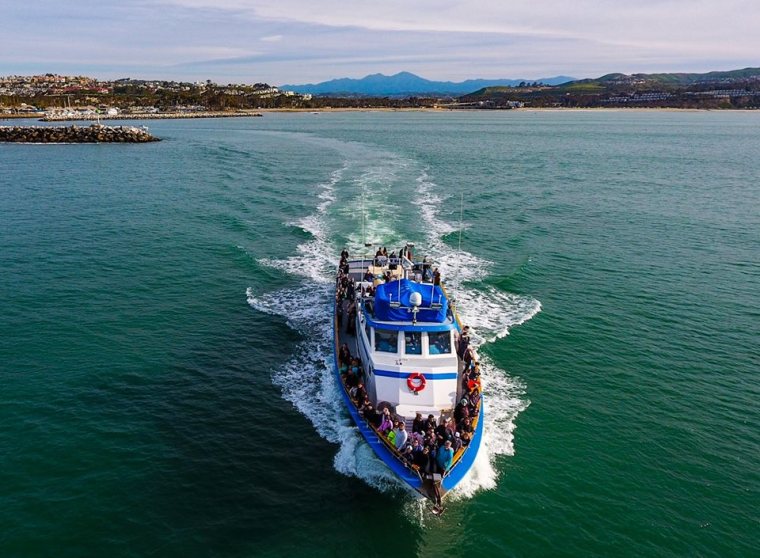 Aerial view of the Dana Pride heading out of Dana Point Harbor