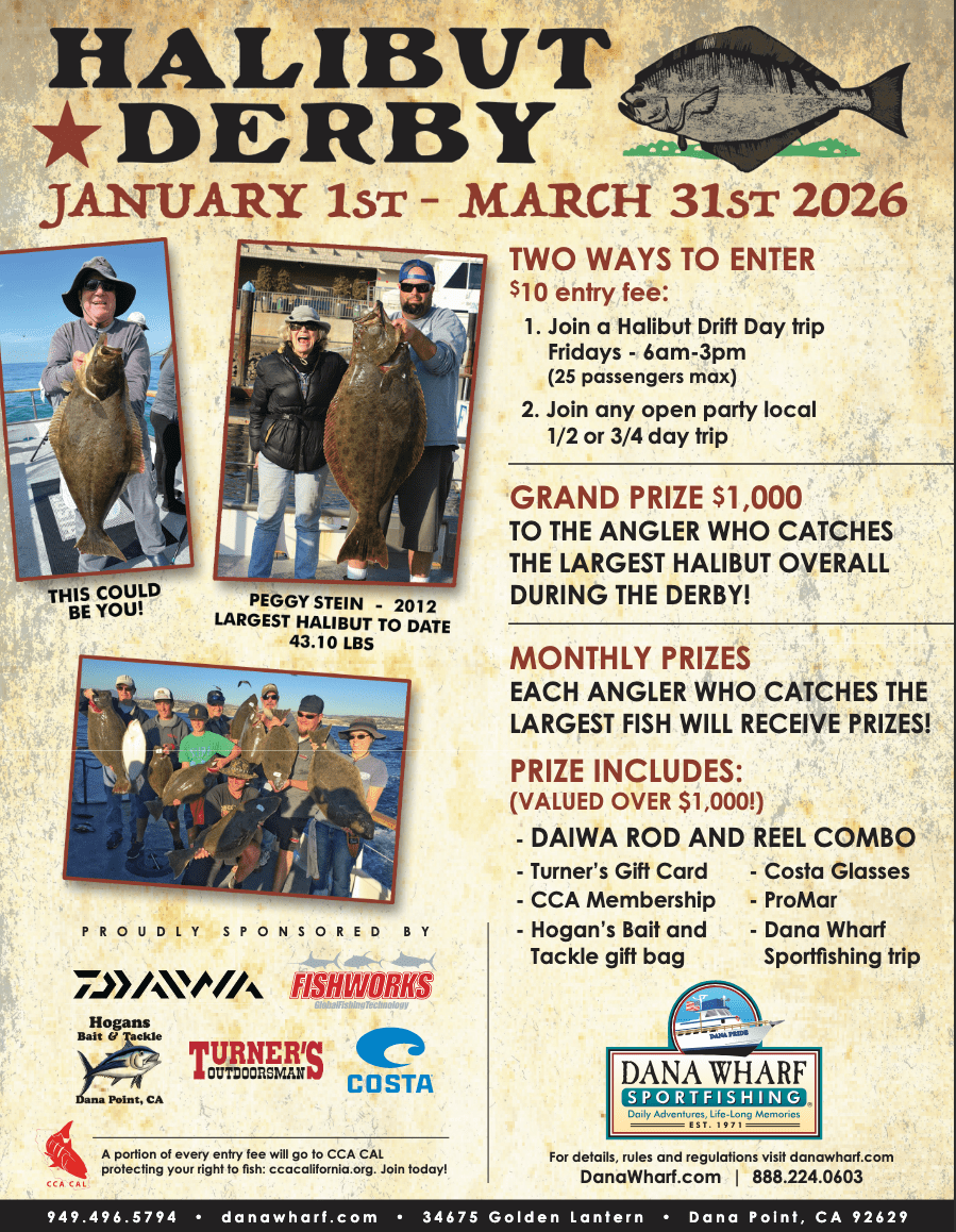 Halibut Derby poster with event details, prizes, and sponsor logos.