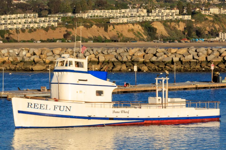 White boat at sea near rocky shoreline with hills in background.