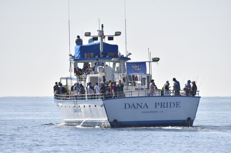 Passengers on the stern of the Dana Pride off Dana Point