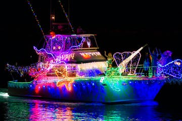 a boat that is lit up at night