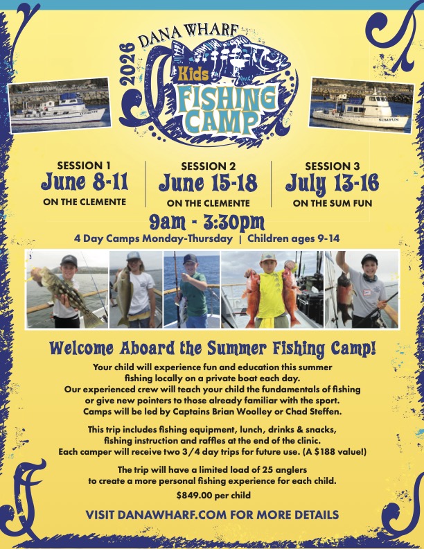 Flyer for Dana Wharf Kids Fishing Camp 2026 with camp dates and details.