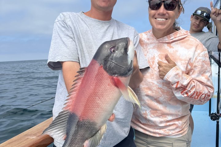 Two people on a boat holding a large fish, smiling.