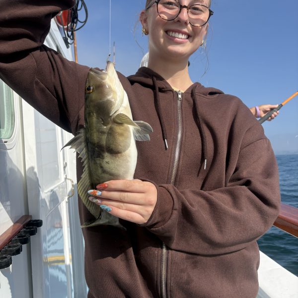 Person holding a fish on a boat under a clear blue sky.