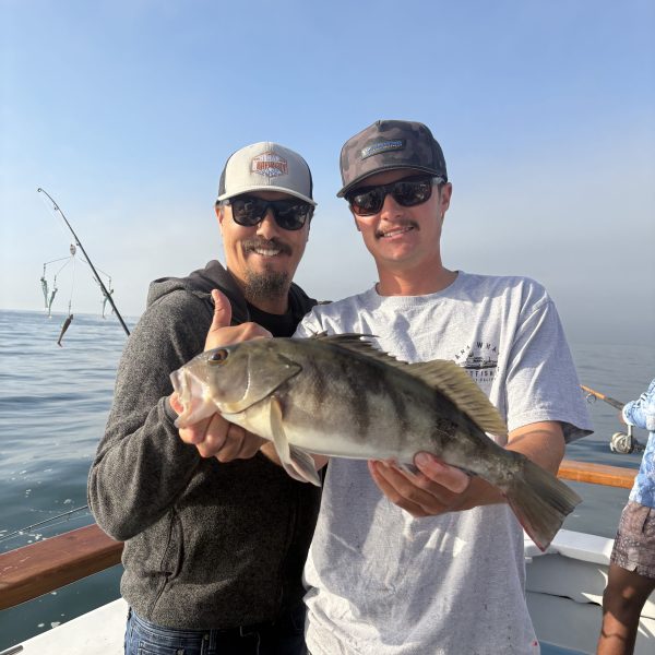Two men on a boat holding a large fish, smiling at the camera.