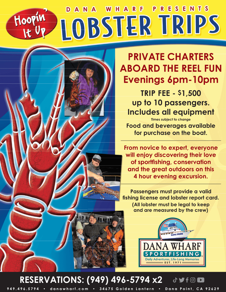 Flyer for Dana Wharf lobster trips with images, details for private charters, and reservation contact info.