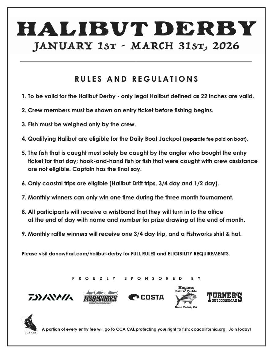 Halibut Derby poster detailing rules, date: Jan 1 - Mar 31, 2026, with sponsor logos at bottom.