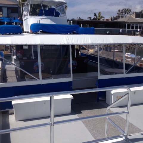 a blue and white boat