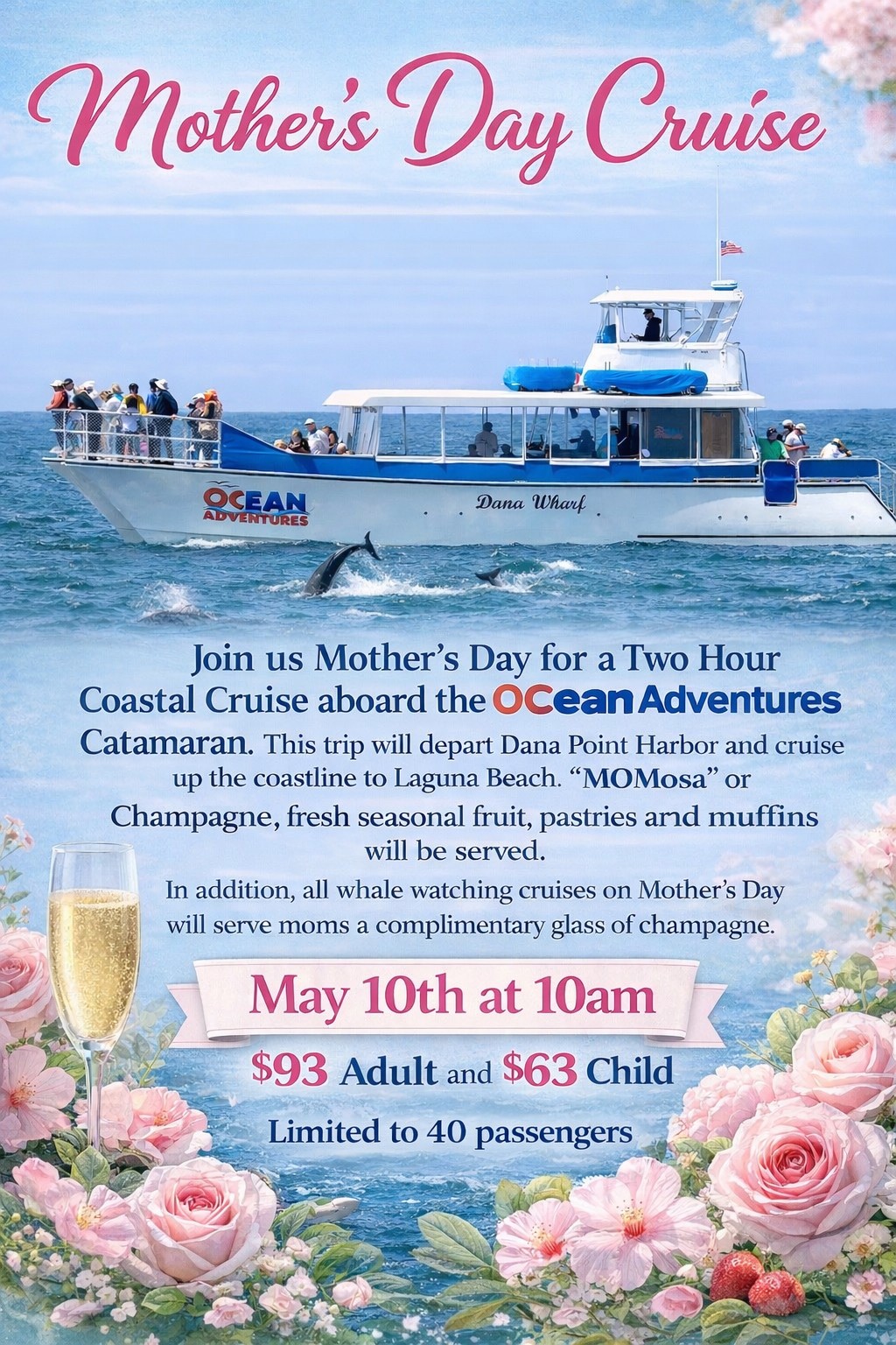 Poster for a Mother's Day cruise featuring a boat, dolphins, flowers, and event details for May 10th at 10am.