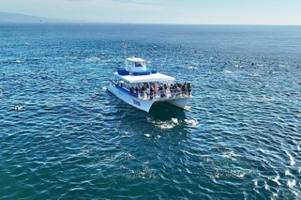 a small boat in a large body of water