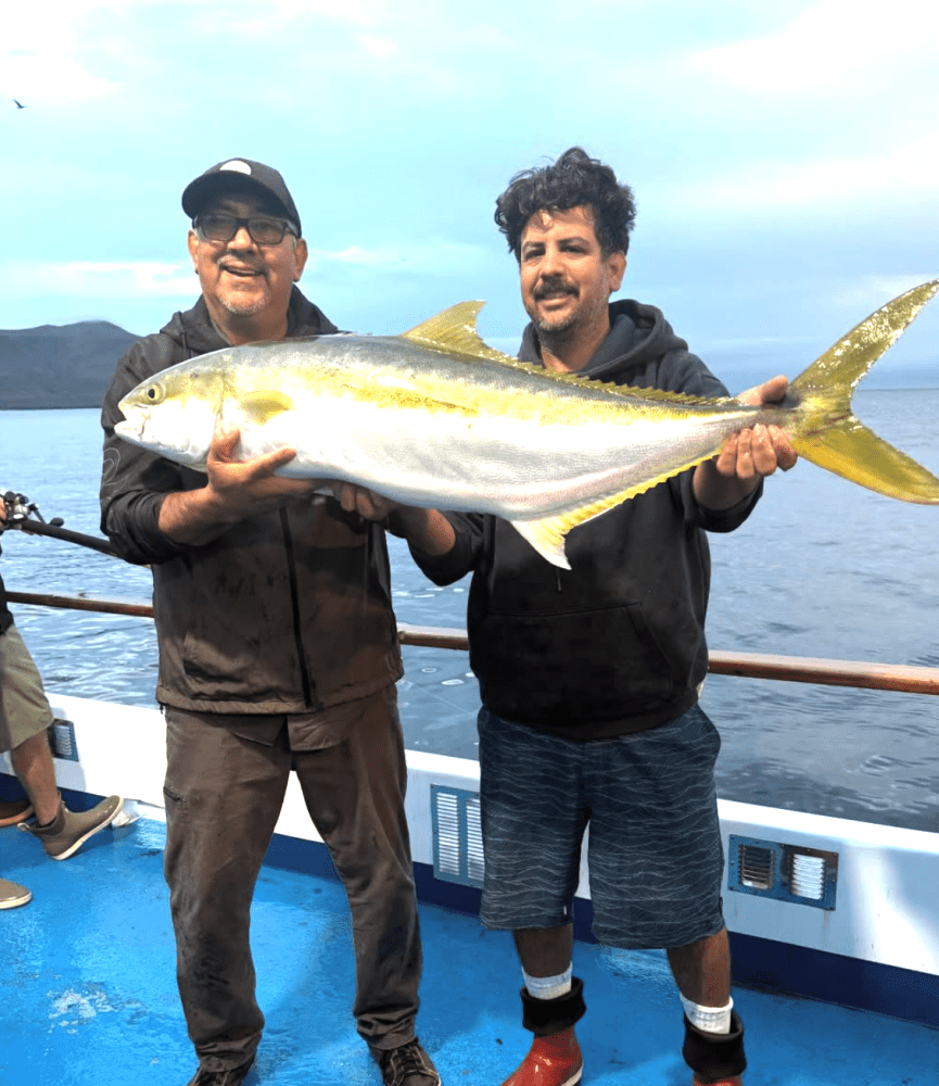 Two people on a boat holding a large fish horizontally over blue water.