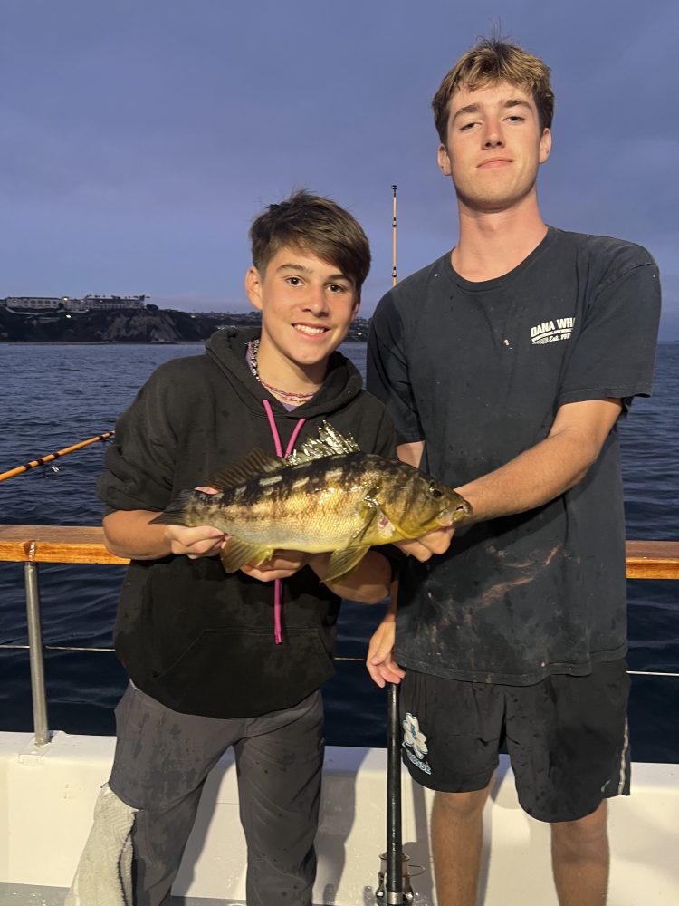 Two people holding a fish on a boat with water and coastline in the background.