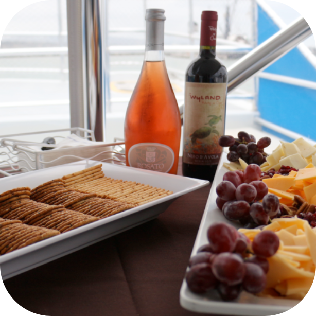 Table with wine bottles, crackers, grapes, and cheese platters on a boat.