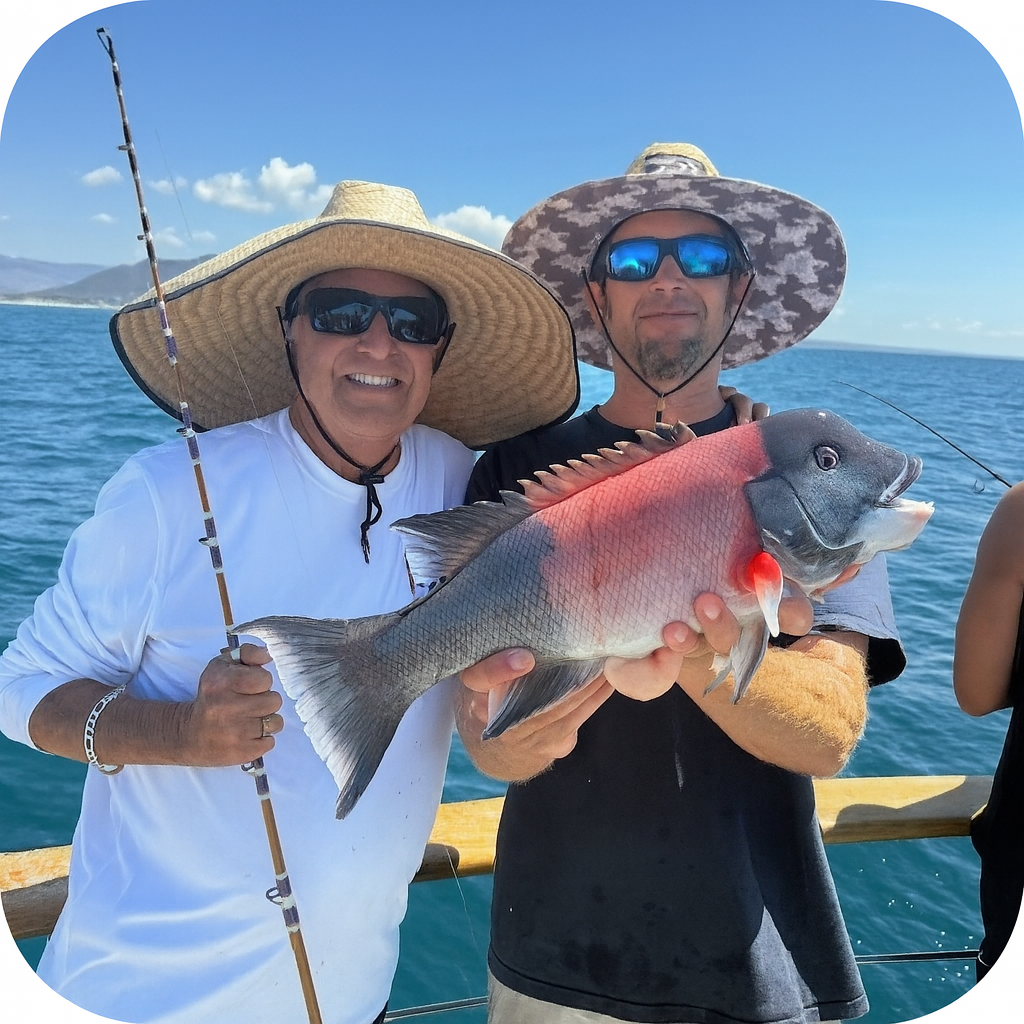Two people wearing hats holding a large fish on a boat with the ocean in the background.