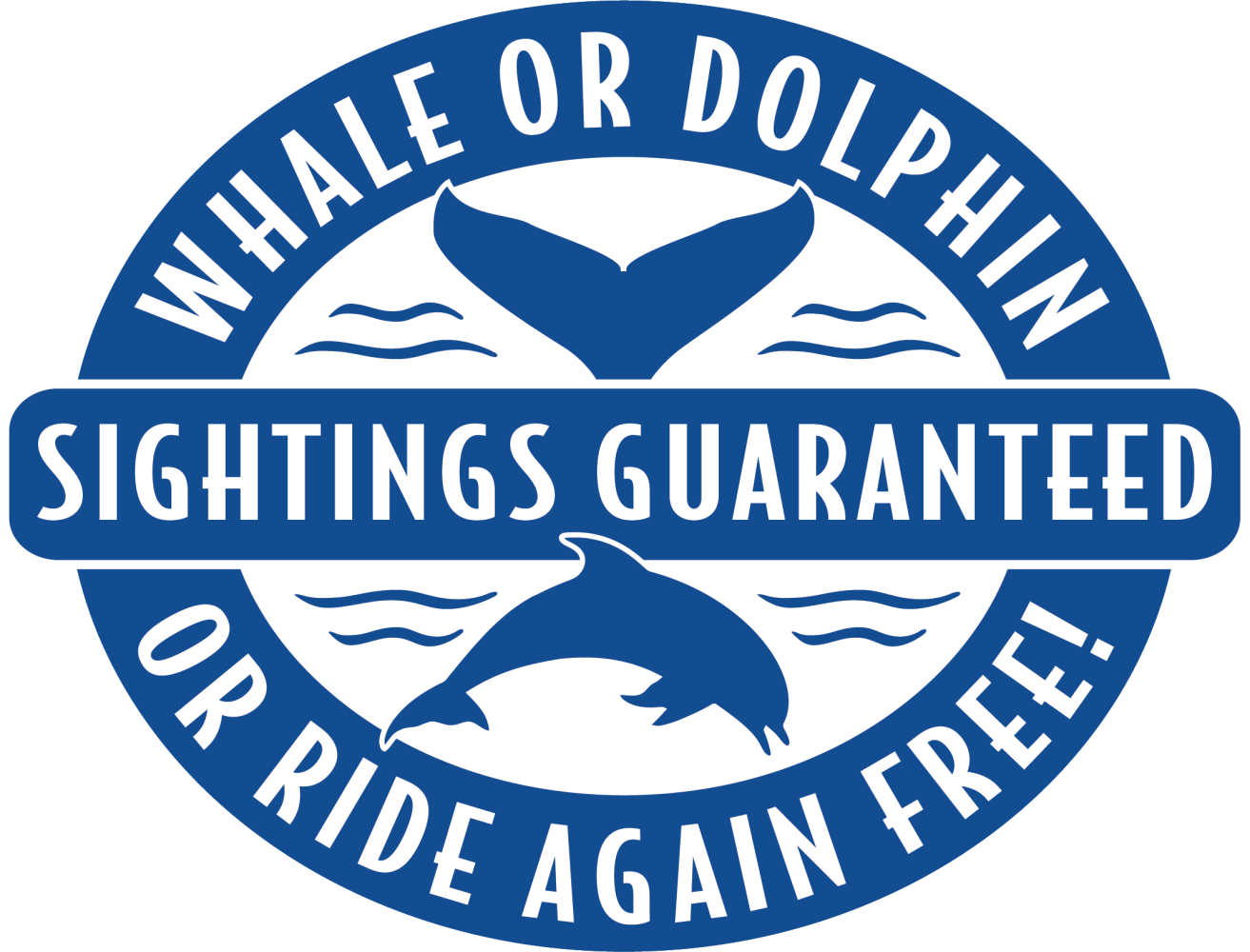 Badge with whale tail, dolphin, waves, and text: Sightings Guaranteed or Ride Again Free.