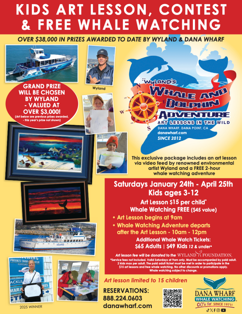 Flyer for kids art lesson, contest, and free whale watching by Dana Wharf, with images of boats and kids' artworks.