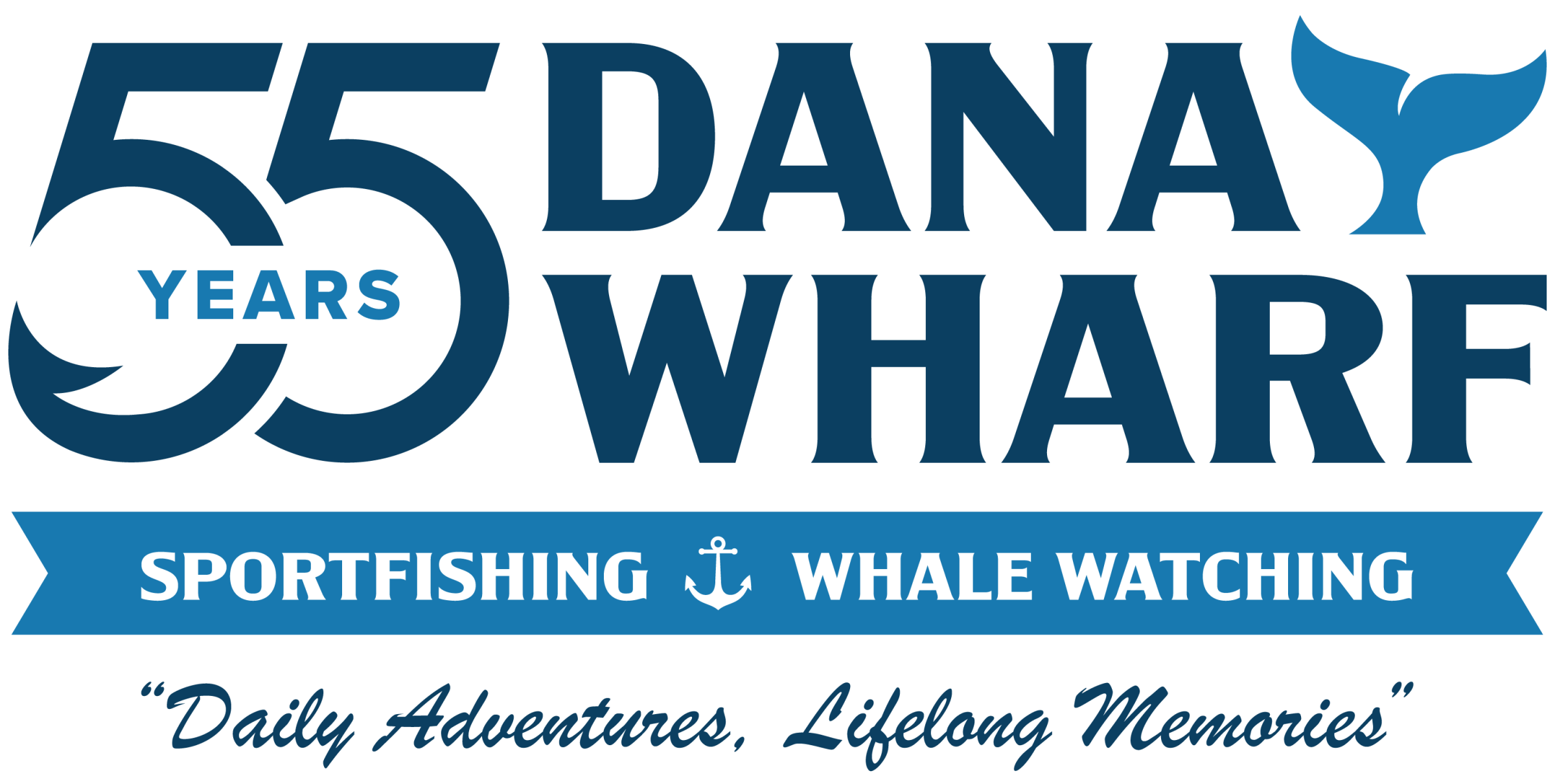 55 Years Dana Wharf logo with sportfishing, whale watching, whale tail, and slogan.