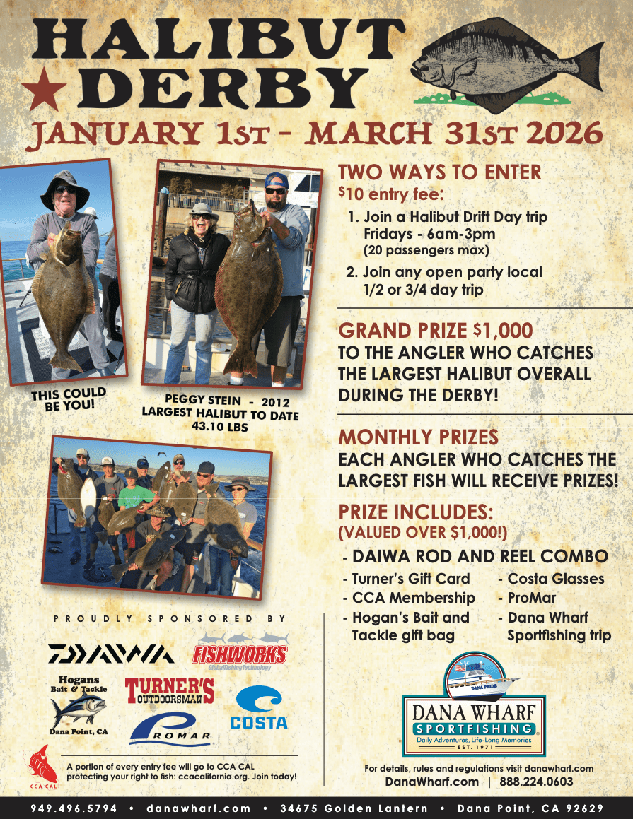 Halibut Derby poster for Jan 1-Mar 31, 2026, with entry details, prizes, and sponsor logos.