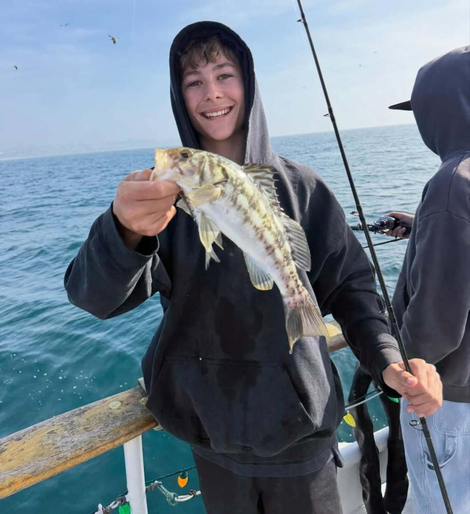 Person in a hoodie holding a fish on a boat, smiling at the camera.