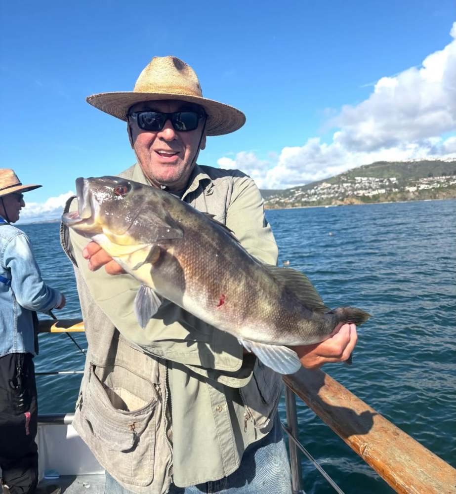 Man in hat holds large fish on a boat with ocean and hills in the background.