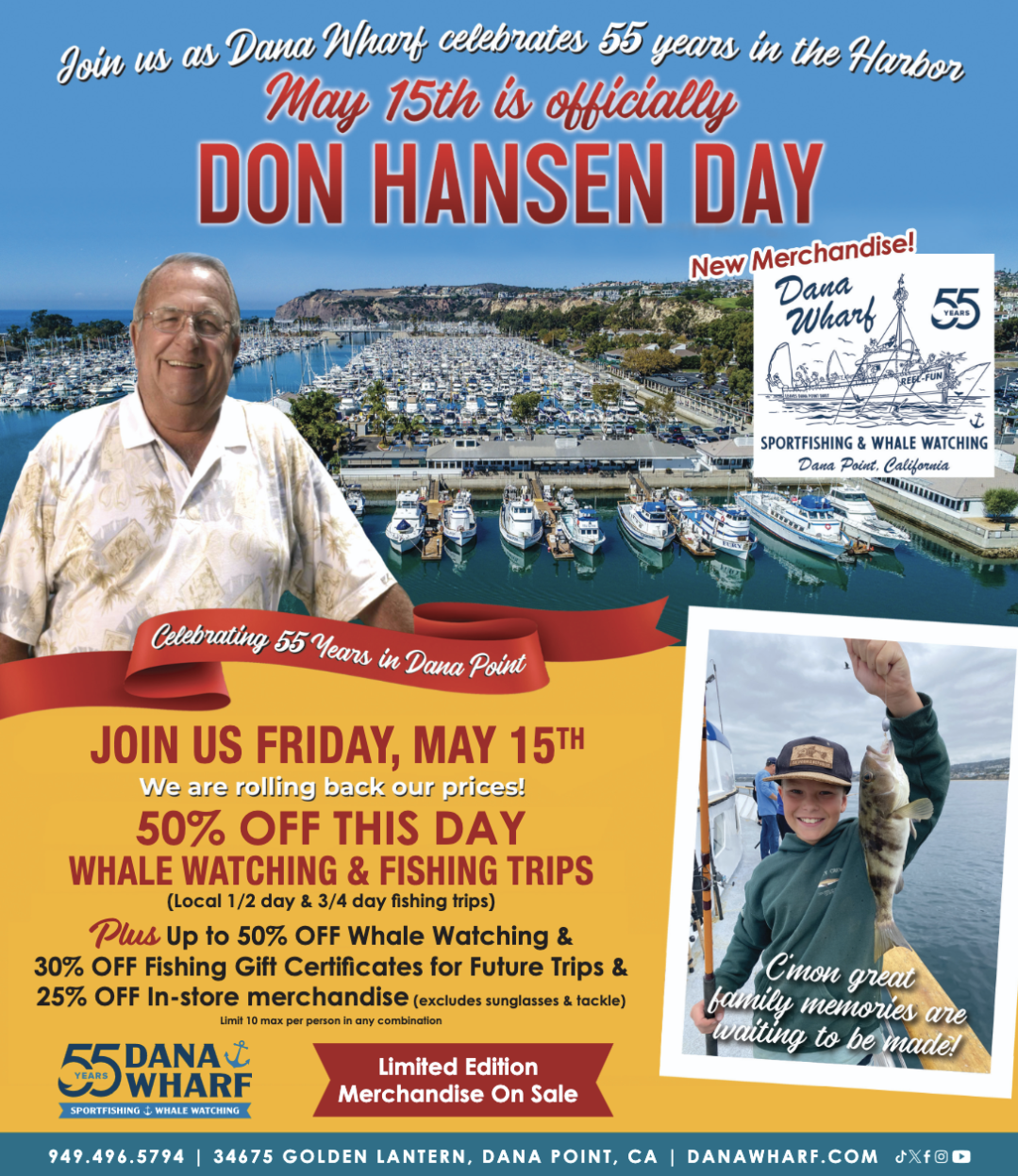 Flyer for Don Hansen Day with images of Don Hansen, a harbor, and fishing trips info.