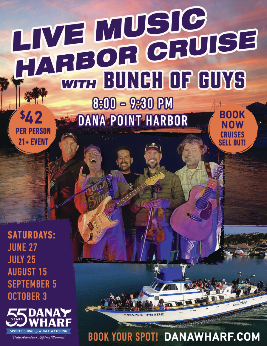 Live music harbor cruise poster with band 'Bunch of Guys' and cruise details.