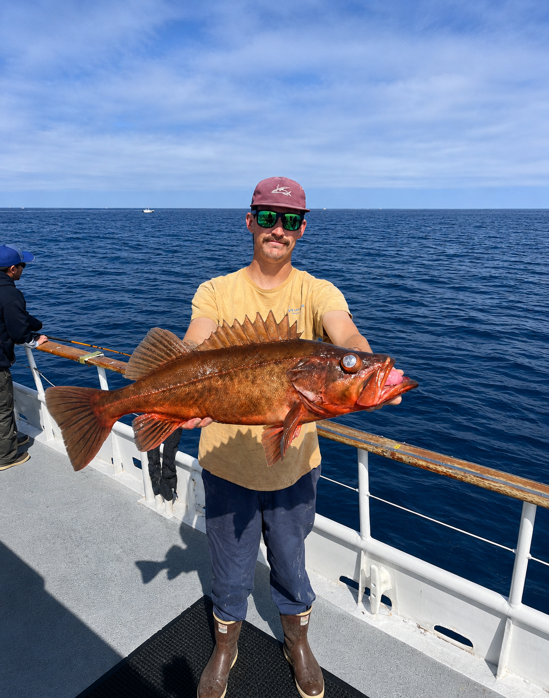 Angler on a boat holding a large orange fish