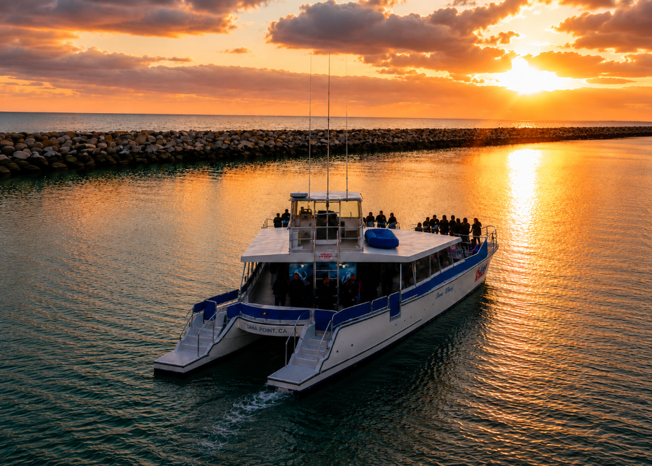 Catamaran cruising at sunset near a rocky breakwater