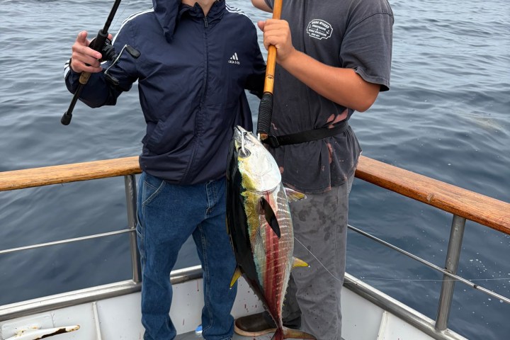 Two people holding fishing rods and a caught fish on a boat.