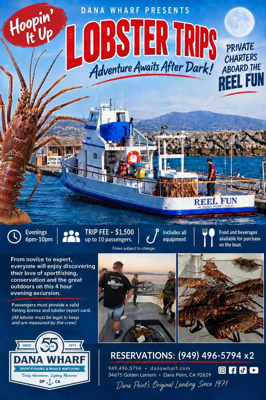 Flyer for 'Hoopin' It Up' lobster trips on the Reel Fun boat by Dana Wharf.