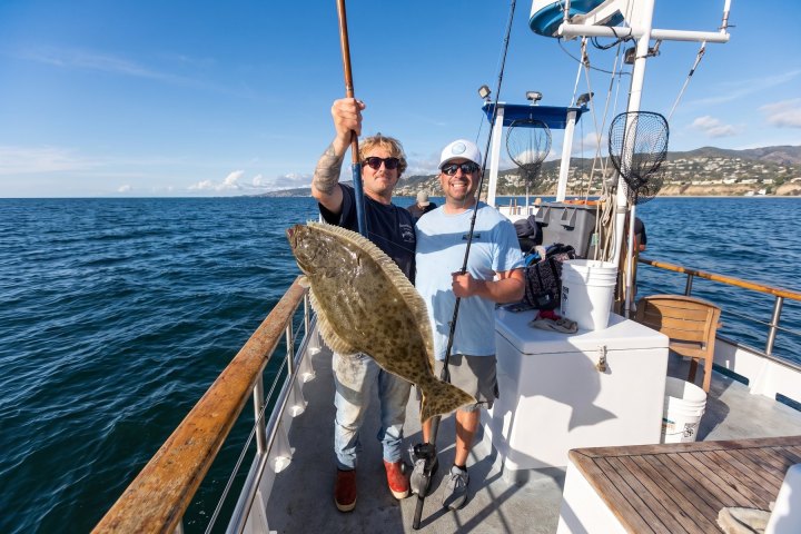Two men on a boat holding a large fish with a blue sky and ocean in the background.