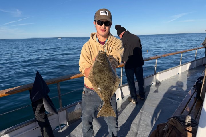 Angler holding a California halibut caught in the Dana Wharf Halibut Derby