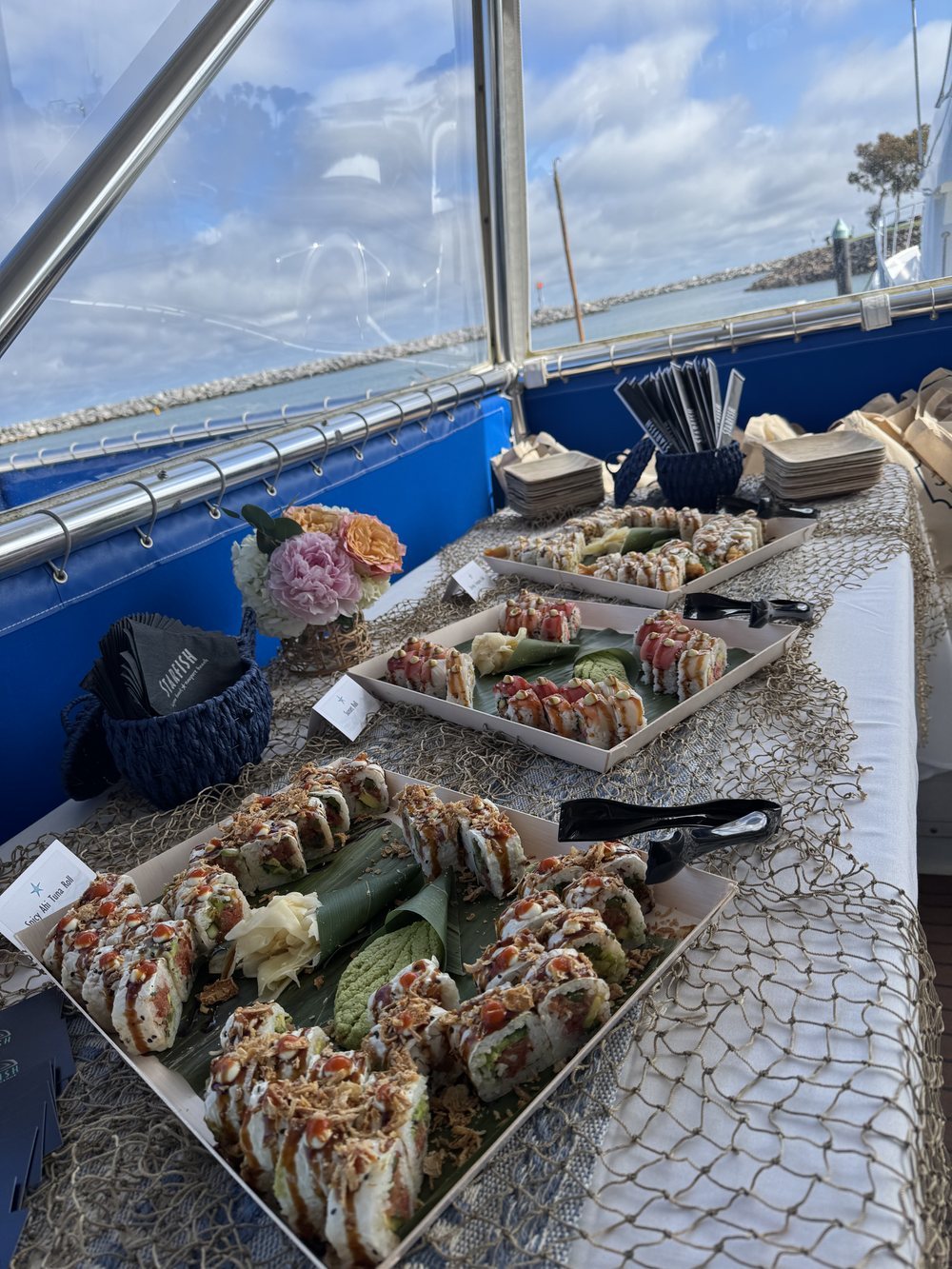 Private charter catering buffet on board in Dana Point Harbor