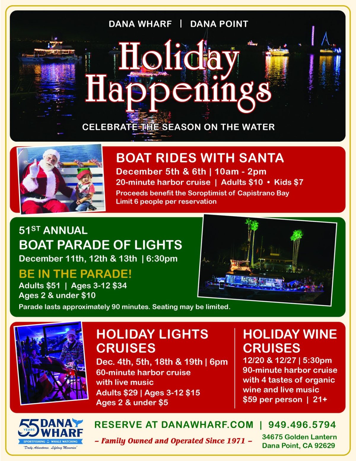 Dana Wharf Holiday Happenings 2026 flyer: Boat Rides with Santa, the 51st Annual Boat Parade of Lights, Holiday Lights Cruises and Holiday Wine Cruises in Dana Point Harbor